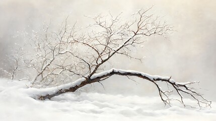 Snow-Covered Tree Branch Against a White Background