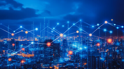 Fototapeta premium Smart digital Innovation Business skyscrapers in the Financial District with connection network reciprocity over the cityscape. of future smart wireless digital city and social media networking