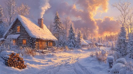 Obraz premium Snowy Cabin with Smoke Rising from Chimney in a Winter Forest