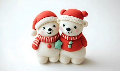 Cute Christmas bear friends polymer clay winter brooch on white background