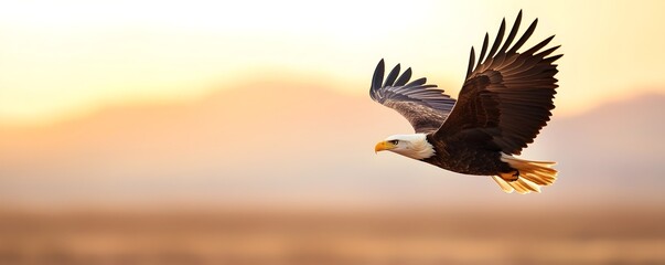 Majestic Eagle Soaring Above Mountain Range at Sunset - Dramatic Landscape with Golden Light Natures Beauty Captured in Stunning Detail for Wildlife and Adventure Enthusiasts © StockPick