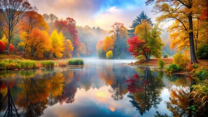 Serene Autumn Landscape with Misty Fog enveloping a Tranquil Pond, Capturing the Essence of Fall's Natural Beauty and Peaceful Atmosphere