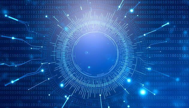 Blue technology circle and computer science abstract background with blue and binary code matrix. Business and Connection. Futuristic and Industry 4.0 concept. Internet cyber and network theme isola