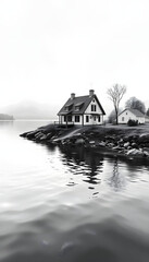 black and white house near body of water painting isolated with white highlights, png