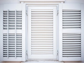 Fototapeta premium Closed white window with intricate wooden shutter facade detail, facade, classic