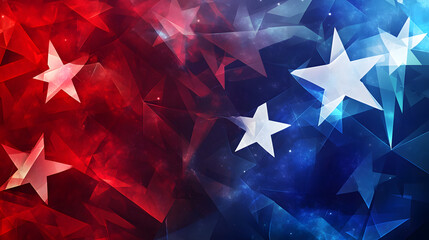 Abstract red and blue geometric shapes with white star motifs and artistic design.