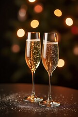 Two glasses of champagne on dark background with golden lights bokeh, glitter and sparks. Merry Christmas and Happy New Year. Anniversary, birthday, wedding, event celebration. Template with cpase