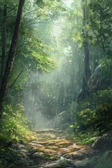 Fototapeta premium A foggy forest with rain creating tiny streams on the ground, dappled light filtering through the canopy, illuminating the rain drops 