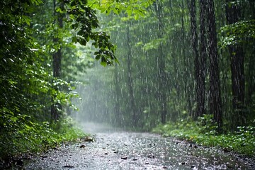 Obraz premium A foggy forest with rain creating tiny streams on the ground, dappled light filtering through the canopy, illuminating the rain drops 
