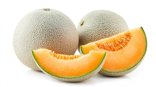Two whole cantaloupe melons and two slices on a white background.