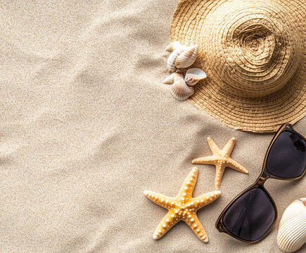 Summer accessory straw hat sunglass seashell on beach sand copy space