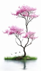 Obraz premium a painting of a tree with pink flowers on a small island