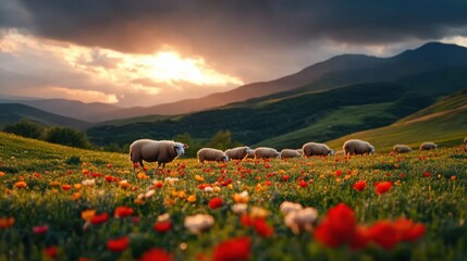 Herd of Sheep with Biometric Ear Tags Grazing in Field