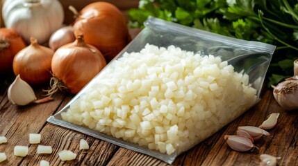 Frozen Diced Onions in a Plastic Bag with Garlic and Onions
