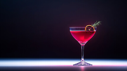A vibrant red cocktail garnished with a citrus slice and herb, set against a dark background, beautifully illuminated