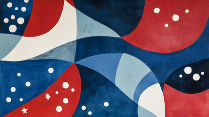 Fototapeta premium Abstract red and blue geometric shapes with white star motifs and artistic design.
