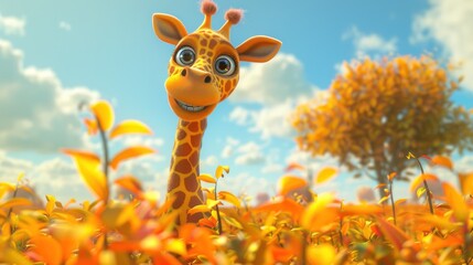 A cute cartoon giraffe peeks out from behind tall grass in a sunny meadow.
