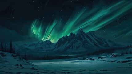 Naklejka premium Aurora borealis painting the night sky in vibrant green hues over a frozen field, with distant mountains illuminated.