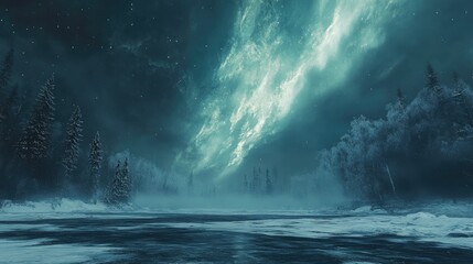 Bright, swirling Northern Lights over an ice-covered lake, with snow-laden trees in the background.