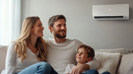 Young couple with child enjoying cozy indoor moment