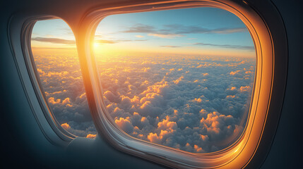 Naklejka premium Airplane window view of a beautiful sunset sky with clouds, view from the airplane cabin interior on the flight to an exotic travel