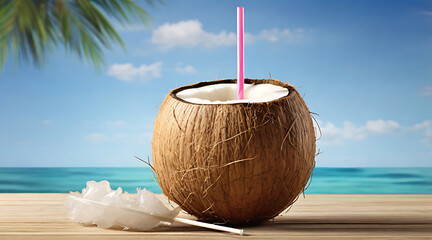 &ldquo;Fresh Coconut Water with Straw&rdquo; &ndash; A Coconut Half Filled with Coconut Water and a Straw on an Isolated Background