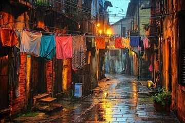 Fototapeta premium A narrow alley at twilight with clotheslines strung between buildings, rain softly falling and puddles forming under the dim streetlights