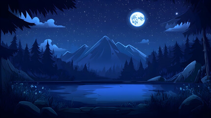 Fototapeta premium A serene nighttime landscape with a full moon shining over a lake, mountains, and forest.