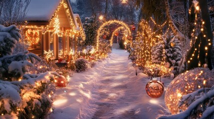 Obraz premium A charming outdoor scene featuring a snowy pathway lined with festive lights and a beautifully decorated porch adorned with holiday ornaments.