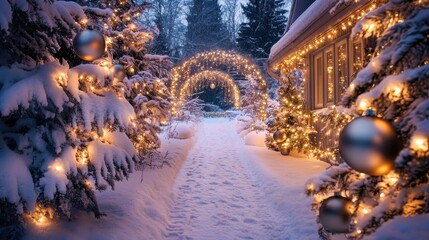 Obraz premium A charming outdoor scene featuring a snowy pathway lined with festive lights and a beautifully decorated porch adorned with holiday ornaments.
