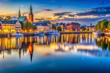 Obraz premium Serene Low Light Scene at Kiellinie, Kieler Bucht: Tranquil Waters and Distant City Lights Reflecting in a Calm Evening Atmosphere