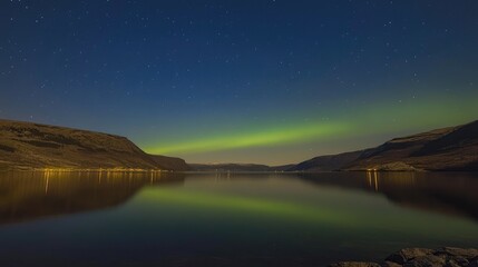 Northern Lights cascading across the sky above a peaceful fjord, with reflections shimmering on the water.