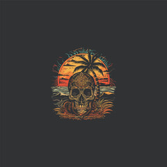 Obraz premium Skull in the sunset beach design vector vintage