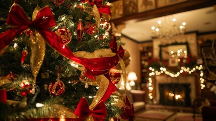 Fototapeta premium A close-up of a beautifully decorated Christmas tree with red and gold ornaments and ribbons. The tree is lit with warm white lights and the background is out of focus