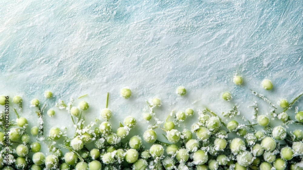 Poster Frozen Green Peas and Stems on a Blue Surface