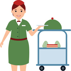 air hostess is with a food trolley and holding in flight.eps