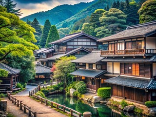 Serene Minimalist View of Ancient Japanese Architecture Surrounded by Nature, Showcasing Traditional Houses and Timeless Beauty in a Tranquil Landscape