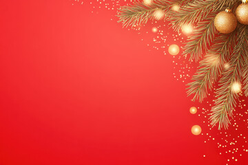 festive Christmas background featuring golden ornaments and pine branches on vibrant red backdrop, evoking holiday cheer and warmth