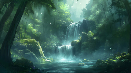 A serene waterfall cascades down mossy rocks into a clear pool, surrounded by lush greenery and sunlight filtering through the canopy.