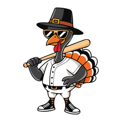 Cartoon turkey mascot playing baseball as a hitter. Fun and lively character illustration, perfect for sports-themed or Thanksgiving designs.