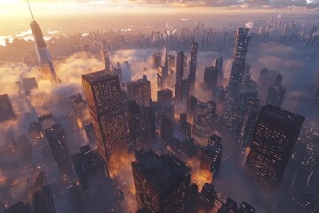 Obraz premium Aerial view of a City skyline, with a foggy atmosphere