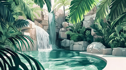 A serene waterfall cascades into a tranquil pool, surrounded by lush tropical foliage and palm trees.