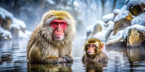 Obraz premium Serene Moments: Parent and Child Japanese Macaque Monkeys Enjoying a Relaxing Bath in a Natural Hot Spring Setting Amidst Snowy Mountains and Tranquil Surroundings
