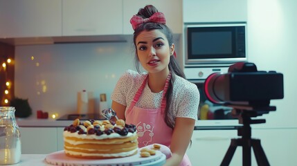 Young woman vlogger baking and recording video for food channel. Female pastry chef vlogging 