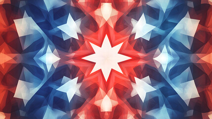 Abstract red and blue geometric shapes with white star motifs and artistic design.
