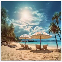 A serene beach scene with two lounge chairs and umbrellas under a bright sky.