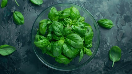 Fresh basil leaves in a glass bowl, ready to be used in your favorite dishes.