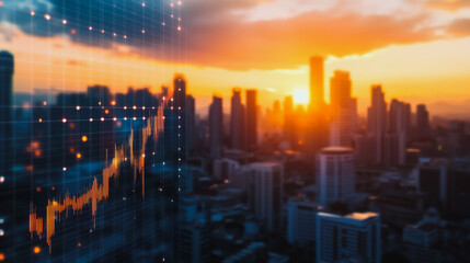 Fototapeta premium Smart digital Innovation Business skyscrapers in the Financial District with connection network reciprocity over the cityscape. of future smart wireless digital city and social media networking