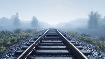 Long span of railroad tracks stretching into horizon, foggy morning, 8k, hyper realistic, real life based