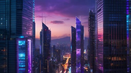 Fototapeta premium Futuristic Cityscape at Dusk with Neon Lights